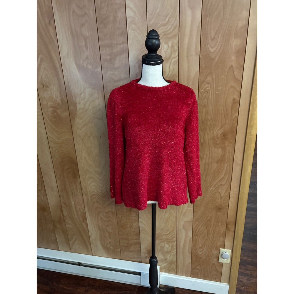 Norton McNaughton Petites Red Fuzzy Metallic Shimmer Sweater PS Holiday Crewneck